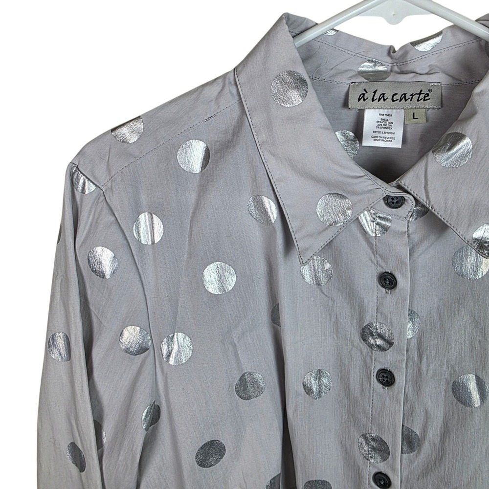 à‎ la carte Button Down Women L Grey Silver Excellent Metallic Polka Dot Shirt - Picture 2 of 10